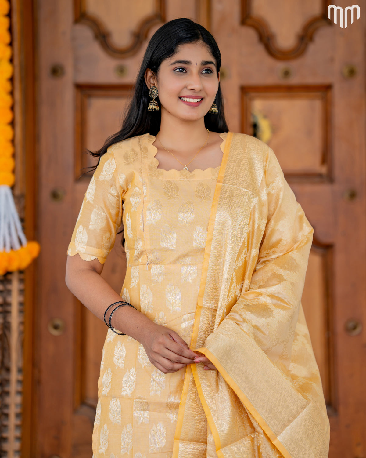 Samyra Butter yellow with gold motifs Silk Maternity Kurti Set with top cotton lining
