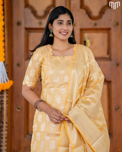 Samyra Butter yellow with gold motifs Silk Maternity Kurti Set with top cotton lining