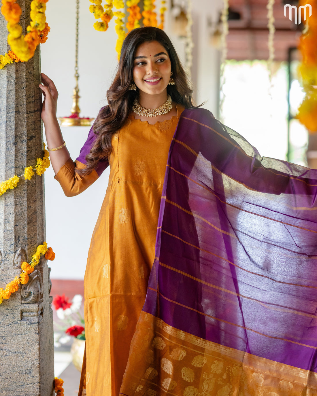 Vaaranam_Golden Gajam Butta Silk Maternity Kurti Set with top cotton lining