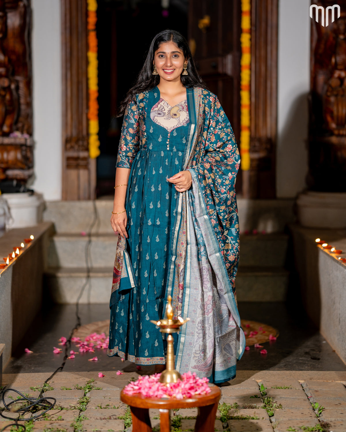 Maheswari Silk Teal Maternity Maxi with Full Cotton Lining &amp; Dupatta