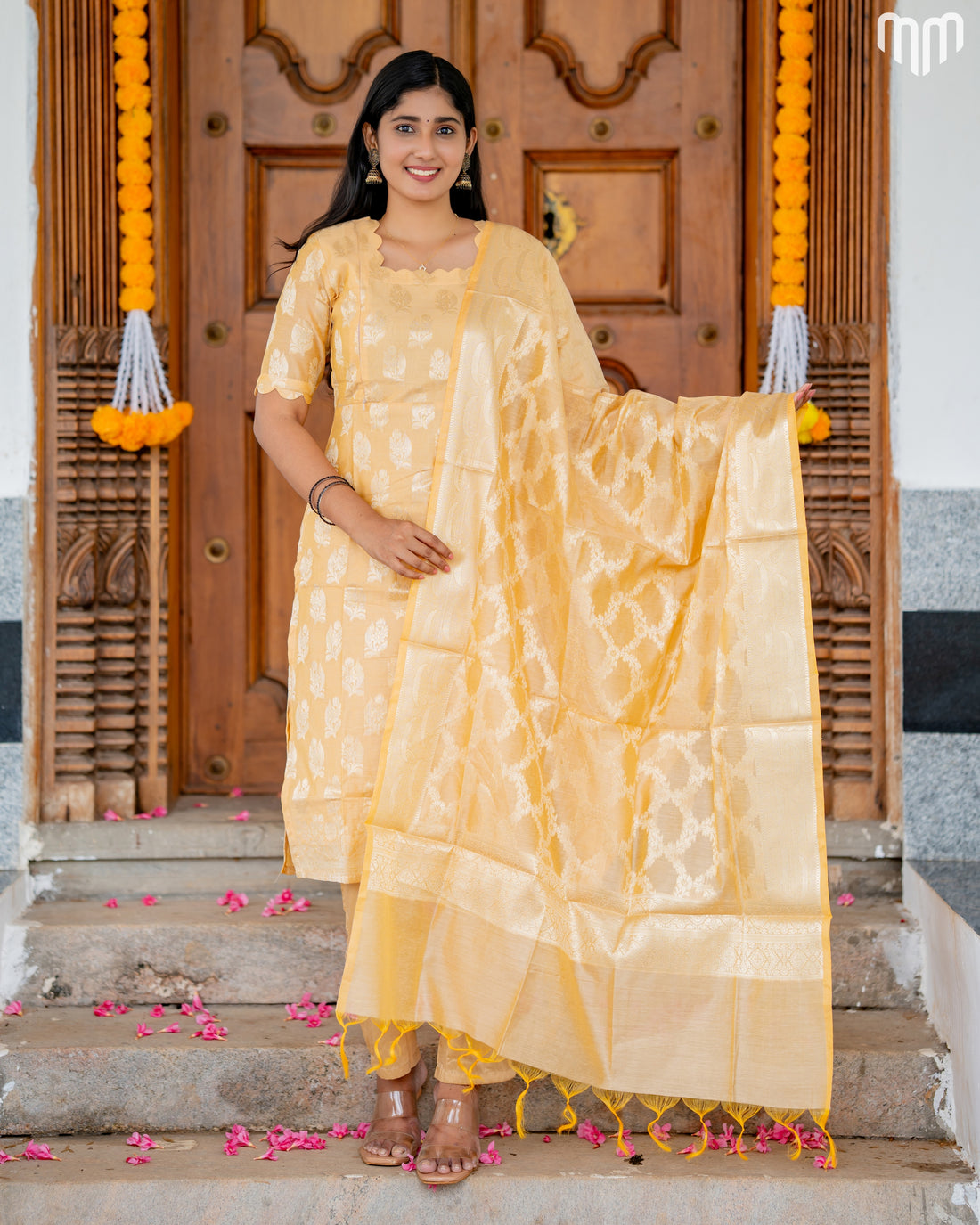 Samyra Butter yellow with gold motifs Silk Maternity Kurti Set with top cotton lining - product image 2 | MMWEAR