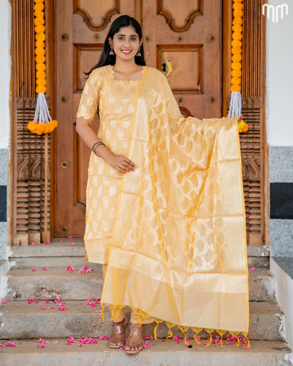 Samyra Butter yellow with gold motifs Silk Maternity Kurti Set with top cotton lining