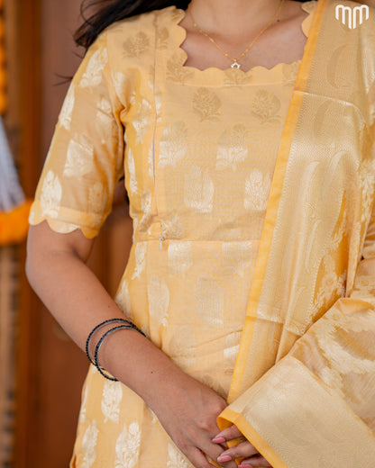 Samyra Butter yellow with gold motifs Silk Maternity Kurti Set with top cotton lining