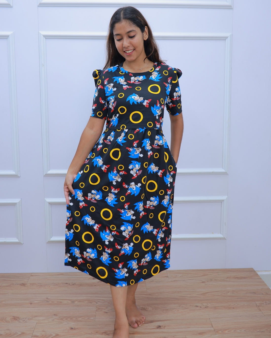 Naima | Zipless Maternity Dress - Puff Sleeves | Calf Length