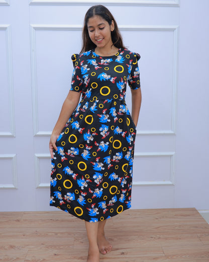 Naima | Zipless Maternity Dress - Puff Sleeves | Calf Length