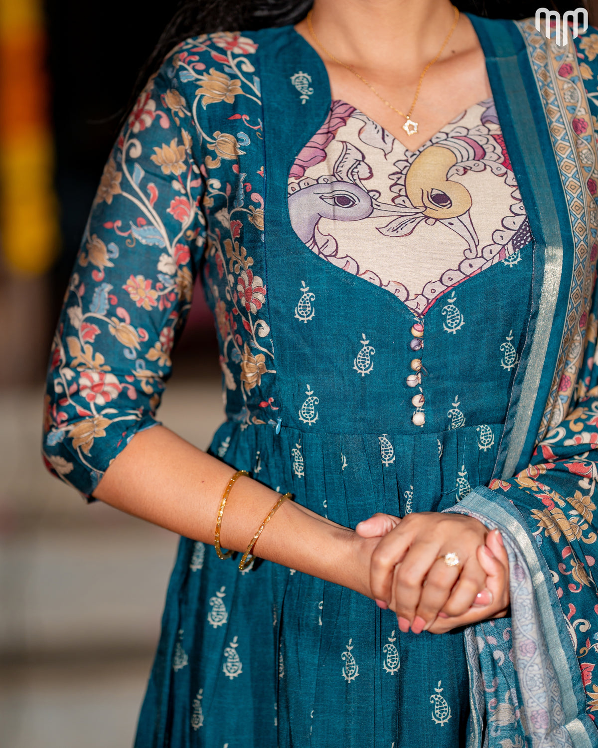 Maheswari Silk Teal Maternity Maxi with Full Cotton Lining &amp; Dupatta