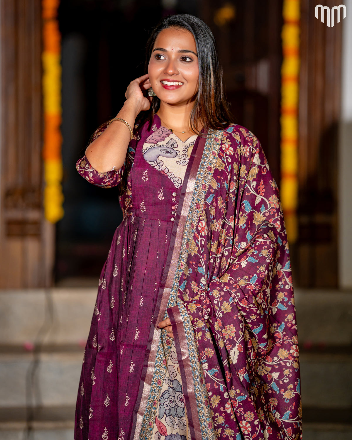 Maheswari Silk Wine Maternity Maxi with Full Cotton Lining &amp; Dupatta