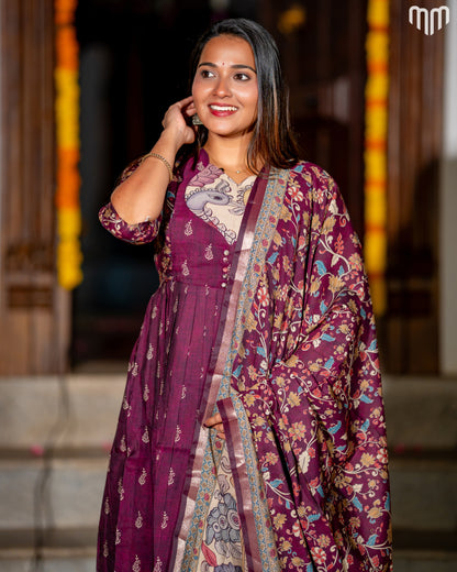 Maheswari Silk Wine Maternity Maxi with Full Cotton Lining &amp; Dupatta