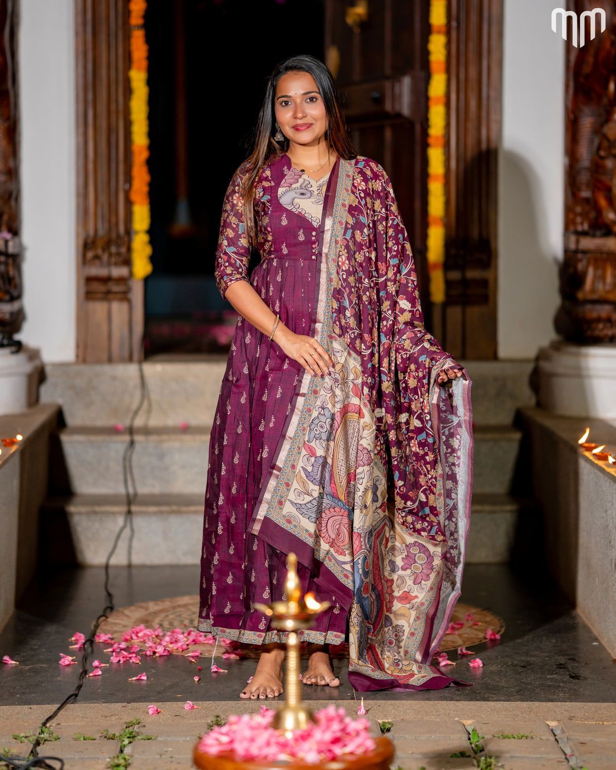 Maheswari Silk Wine Maternity Maxi with Full Cotton Lining &amp; Dupatta