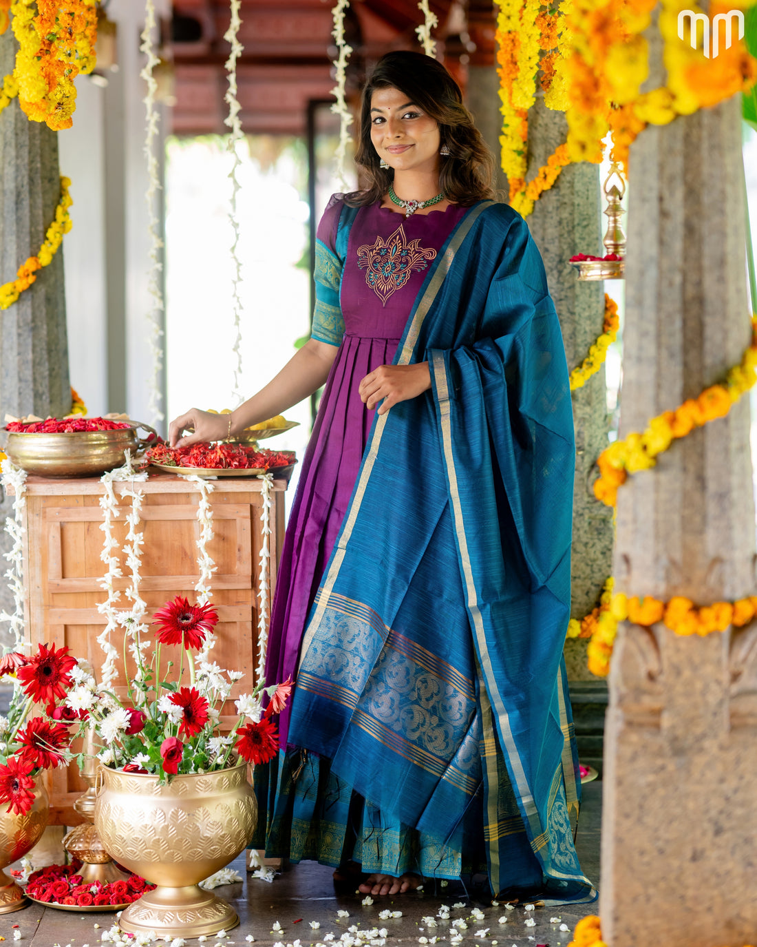 Devasena Motif Embroidery Design Silk Maternity Maxi with Full Cotton Lining &amp; Dupatta