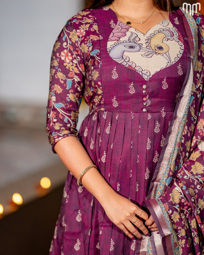Maheswari Silk Wine Maternity Maxi with Full Cotton Lining &amp; Dupatta