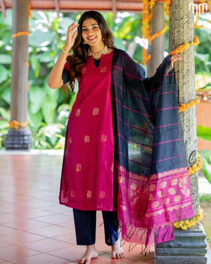 Vaaranam_Rose Gajam Butta Silk Maternity Kurti Set with top cotton lining