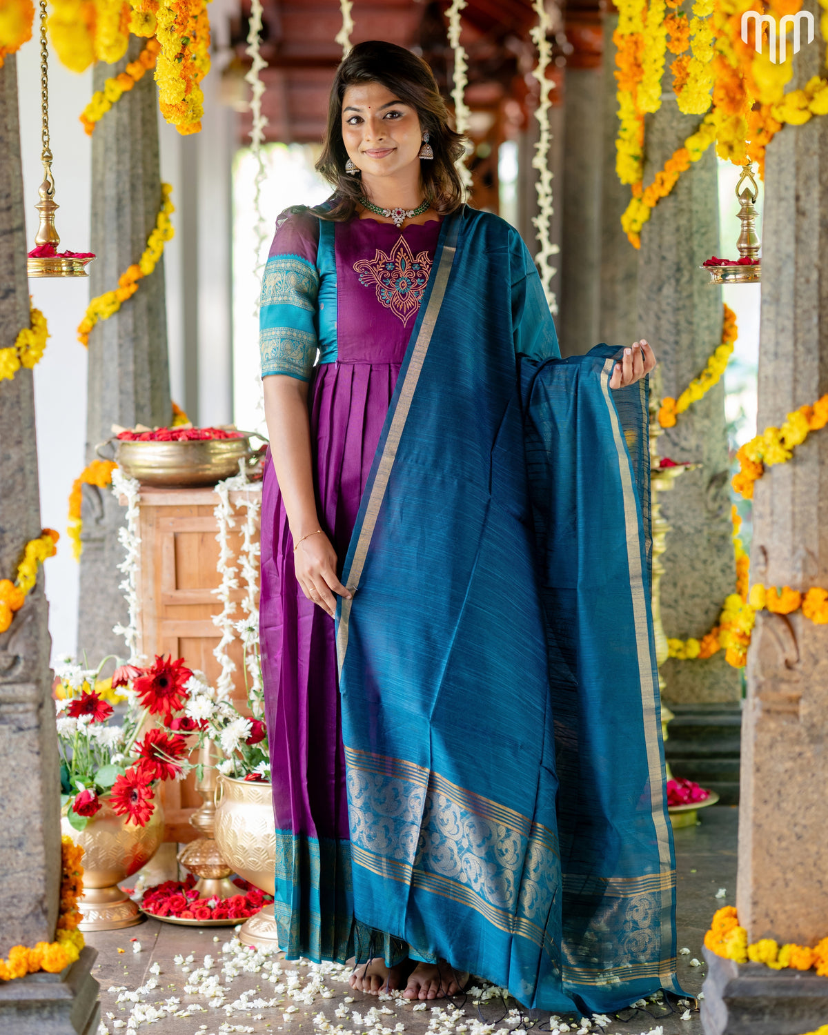 Devasena Motif Embroidery Design Silk Maternity Maxi with Full Cotton Lining &amp; Dupatta