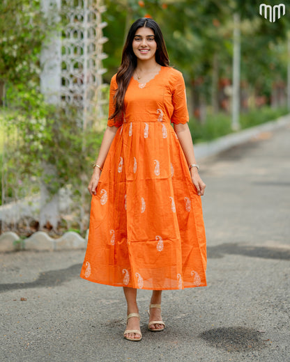 Tivra_Orange Chanderi Maternity Maxi with Full Cotton Lining