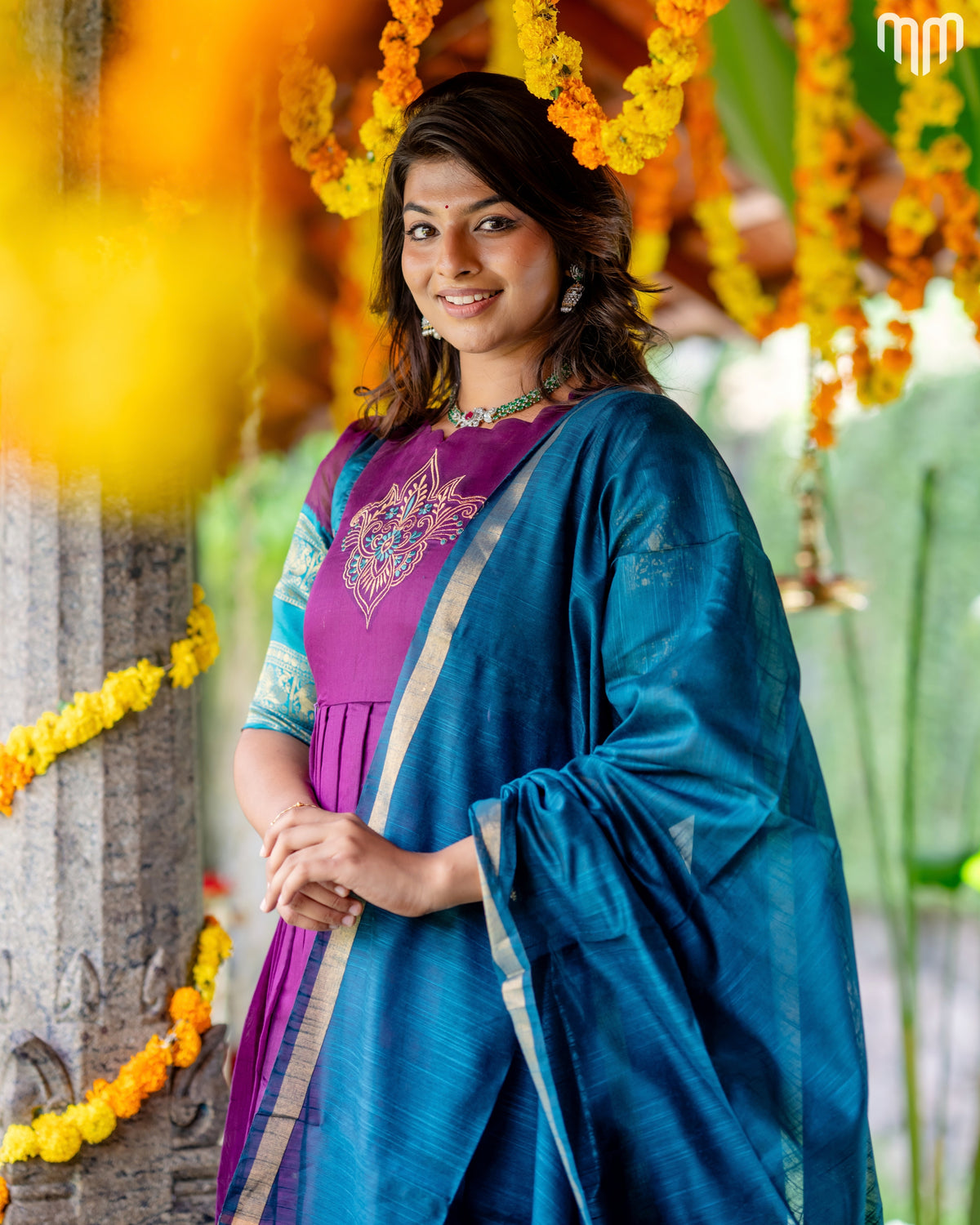 Devasena Motif Embroidery Design Silk Maternity Maxi with Full Cotton Lining &amp; Dupatta