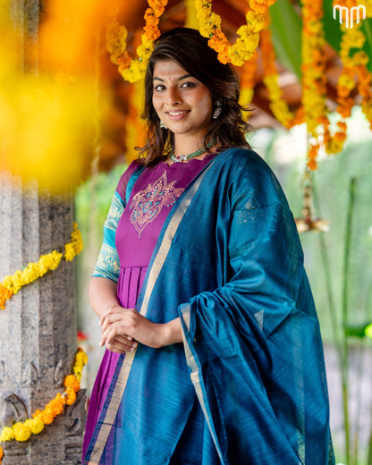 Devasena Motif Embroidery Design Silk Maternity Maxi with Full Cotton Lining &amp; Dupatta