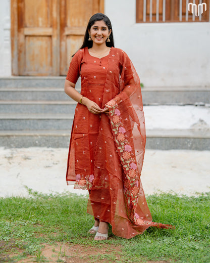 Floral Embroidery Brown Maternity Kurti Set with top cotton lining