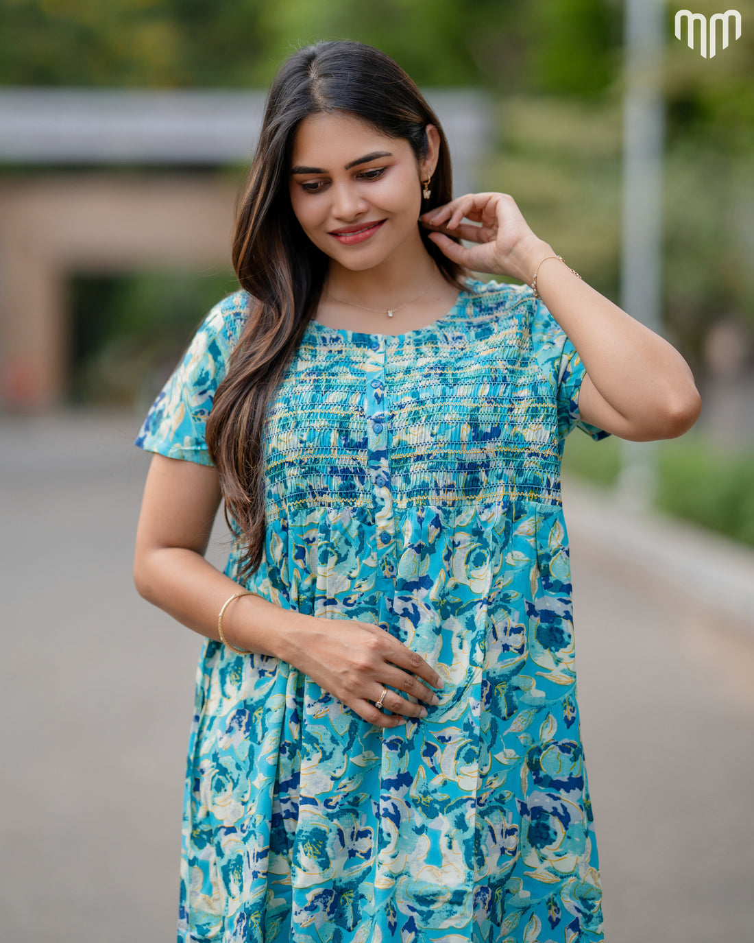 Cloudy Premium Viscose Smocked Button-Up Nighty