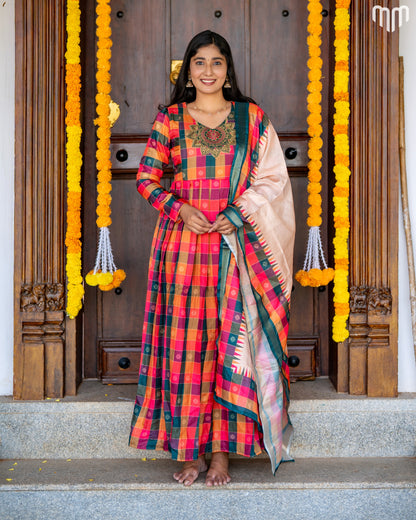 Chandrika Motif Embroidery Design Silk Maternity Maxi with Full Cotton Lining &amp; Dupatta