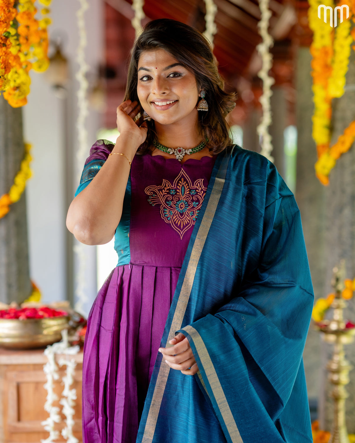 Devasena Motif Embroidery Design Silk Maternity Maxi with Full Cotton Lining &amp; Dupatta