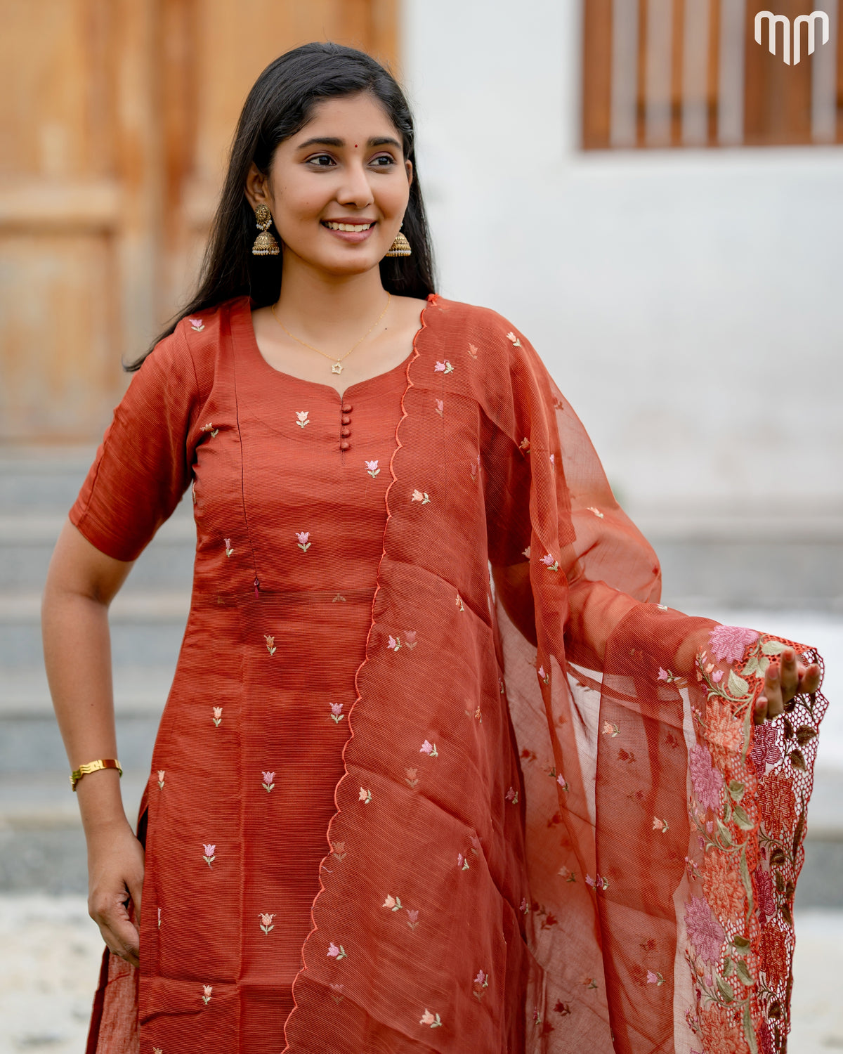 Floral Embroidery Brown Maternity Kurti Set with top cotton lining