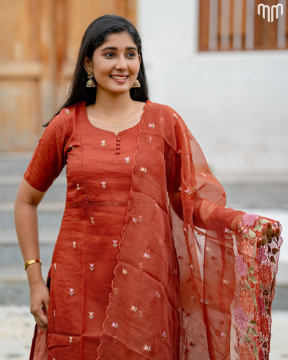 Floral Embroidery Brown Maternity Kurti Set with top cotton lining