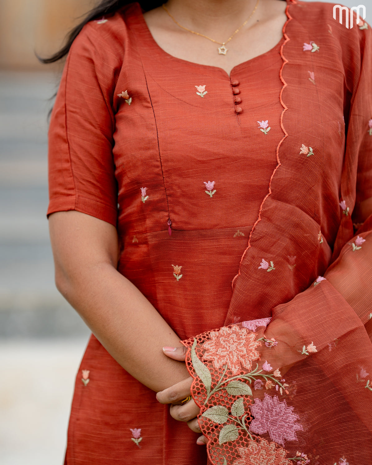 Floral Embroidery Brown Maternity Kurti Set with top cotton lining