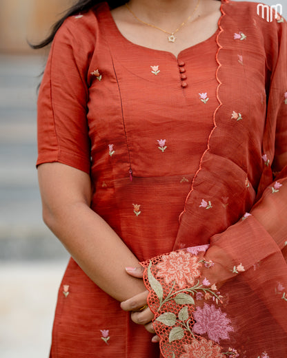 Floral Embroidery Brown Maternity Kurti Set with top cotton lining