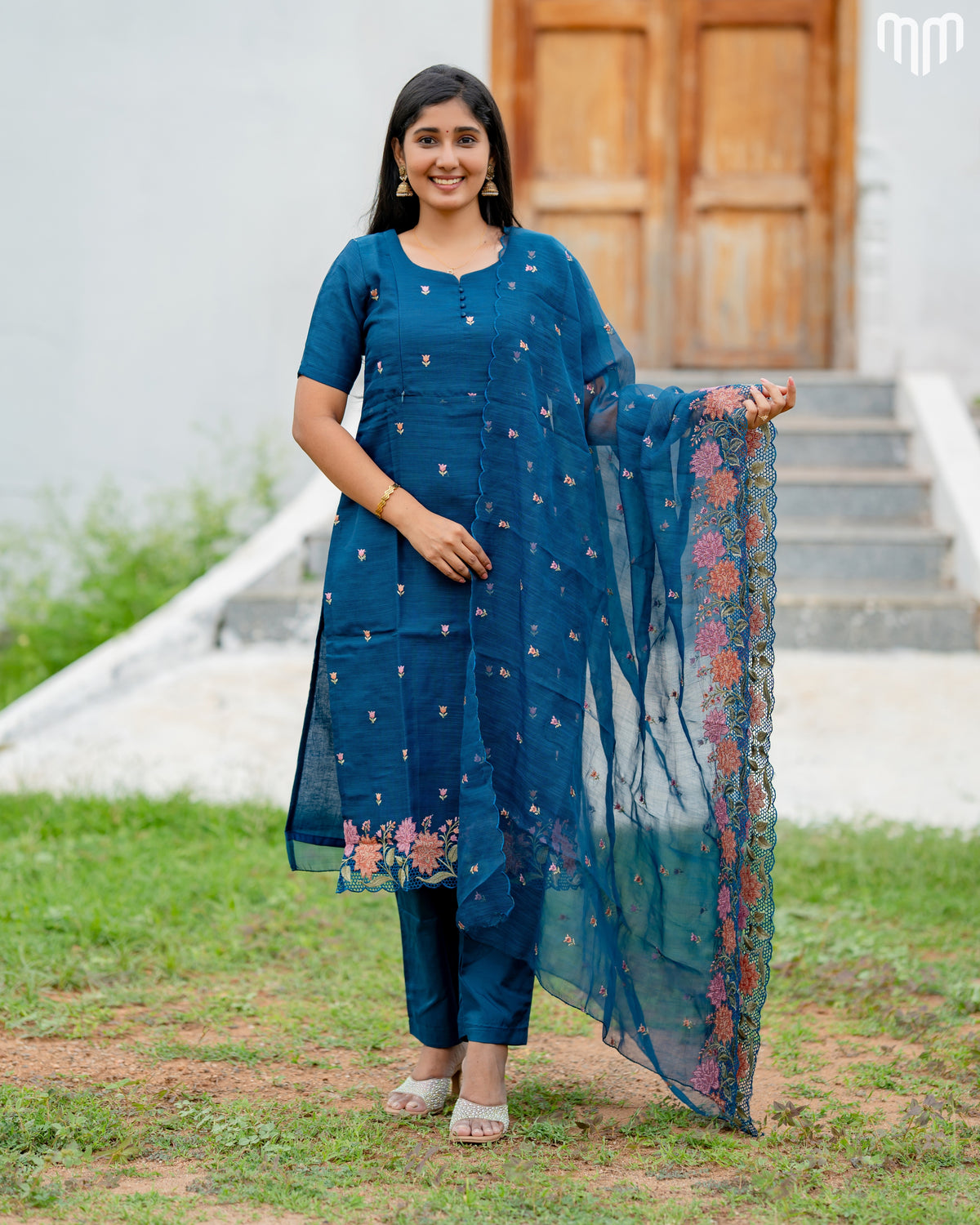Floral Embroidery Teal Maternity Kurti Set with top cotton lining