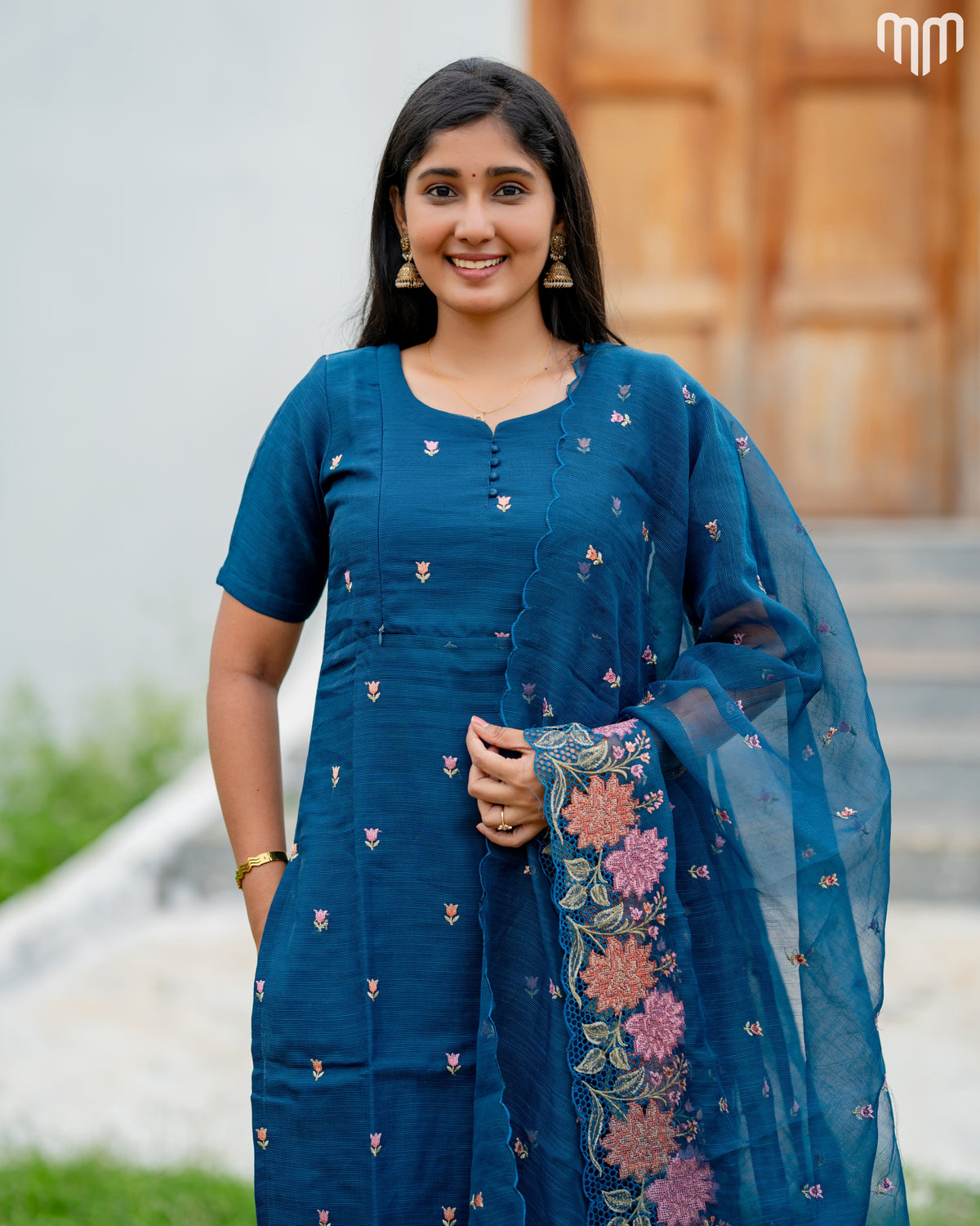 Floral Embroidery Teal Maternity Kurti Set with top cotton lining