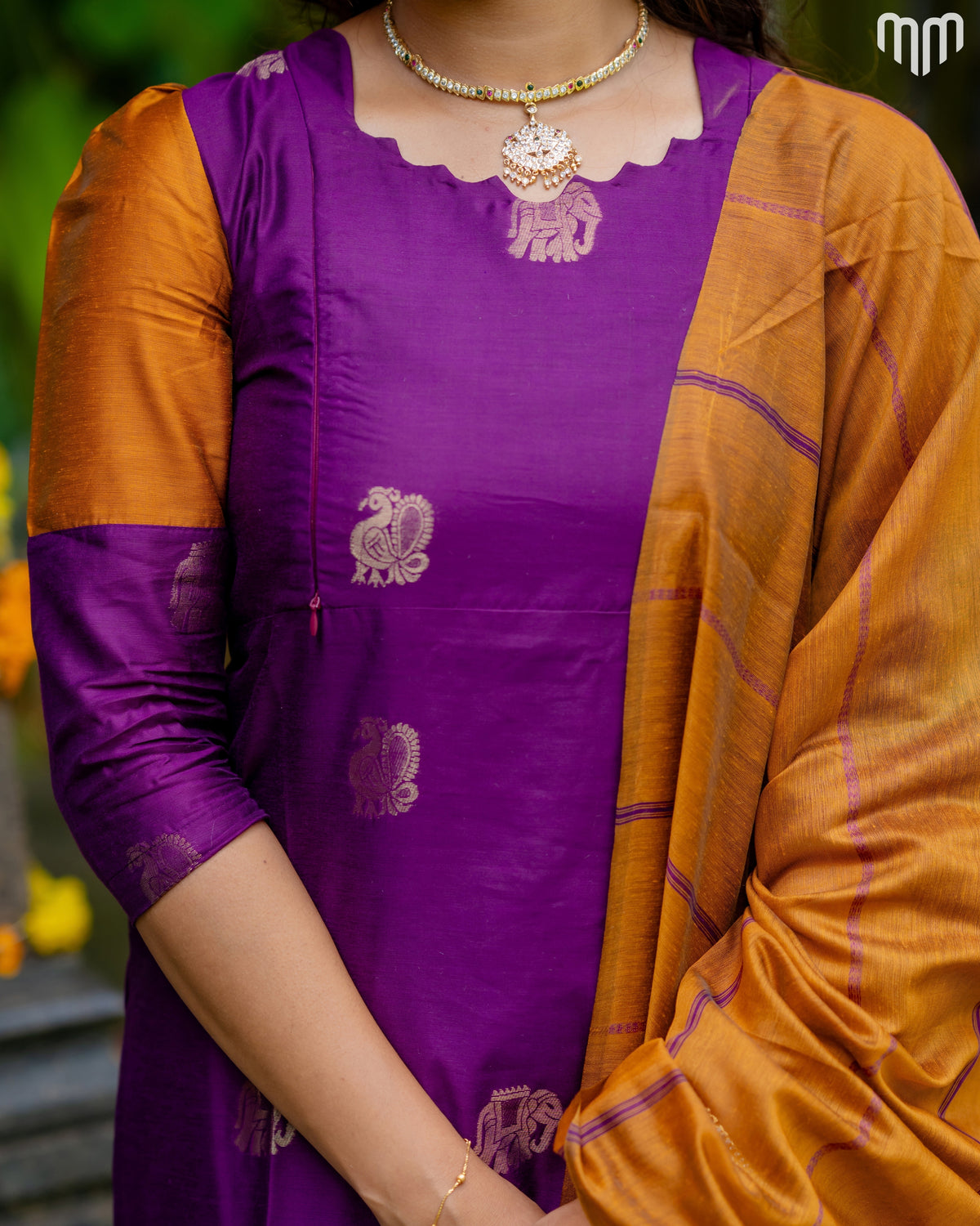 Vaaranam_Magenta Gajam Butta Silk Maternity Kurti Set with top cotton lining