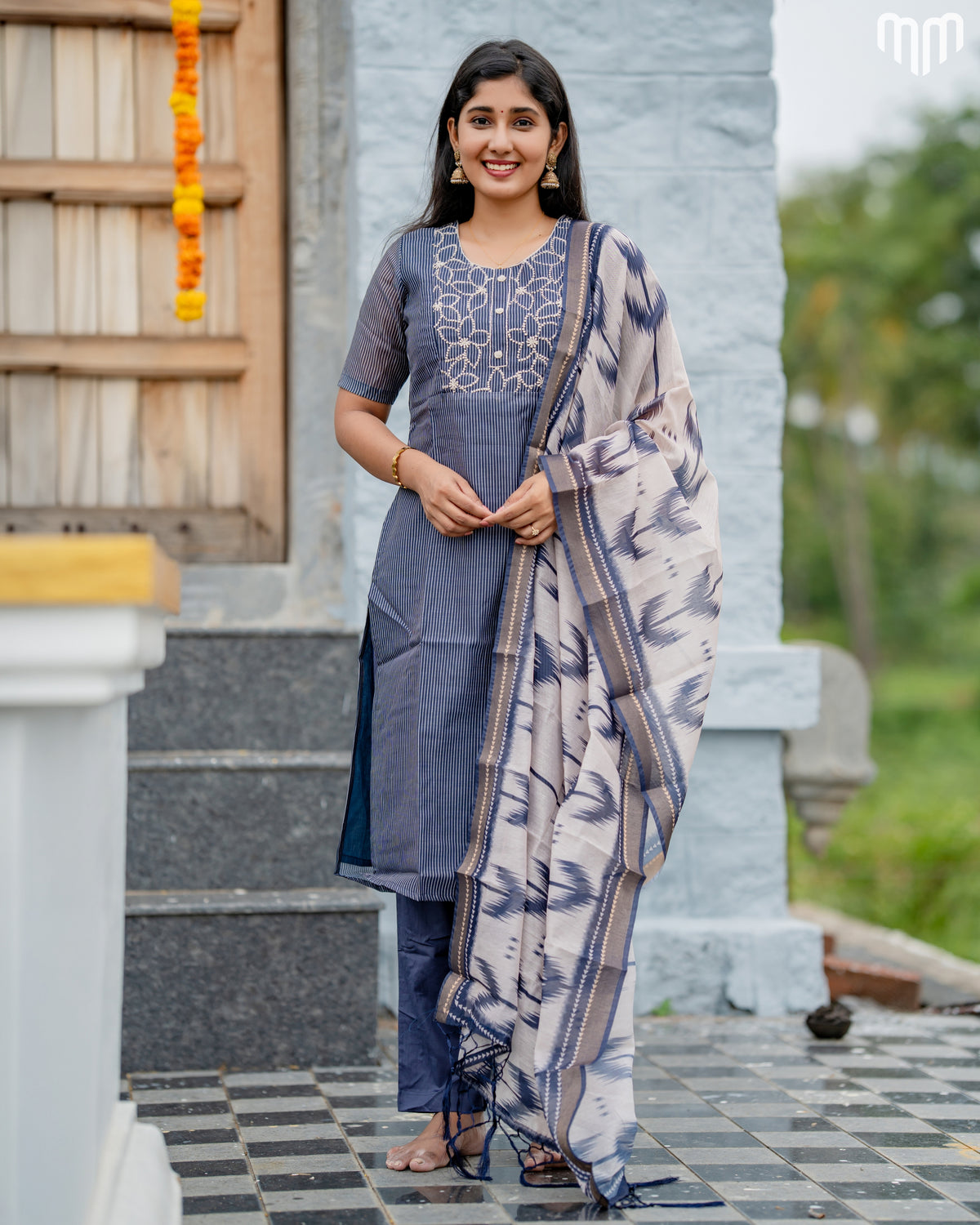 Vidhatri Blue Floral Embroidery Maternity Kurti Set with top cotton lining