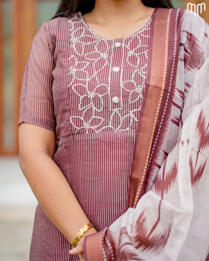 Vidhatri Marron Floral Embroidery Maternity Kurti Set with top cotton lining