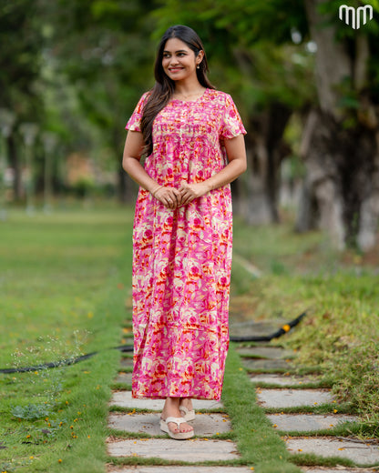 Rosy Premium Viscose Smocked Button-Up Nighty