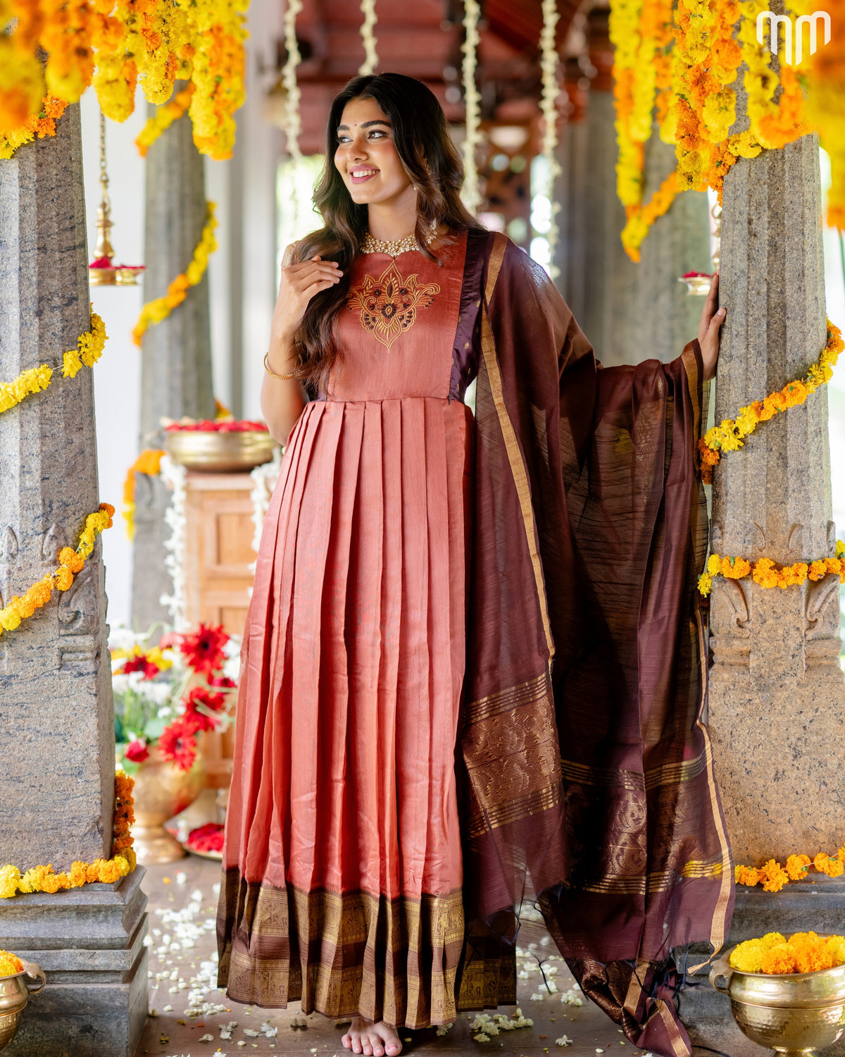 Rudragni Motif Embroidery Design Silk Maternity Maxi with Full Cotton Lining &amp; Dupatta