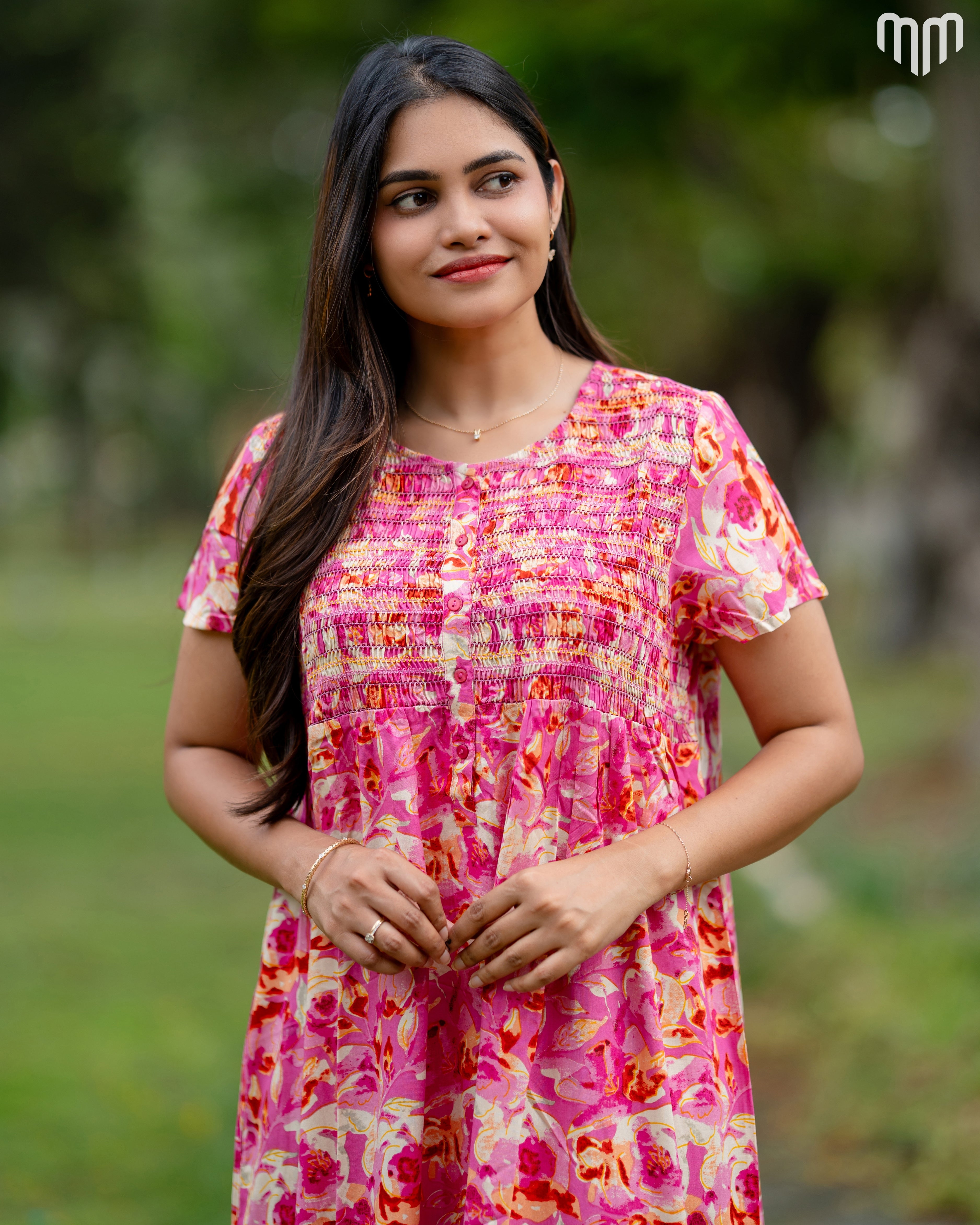 Rosy Premium Viscose Smocked Button-Up Nighty