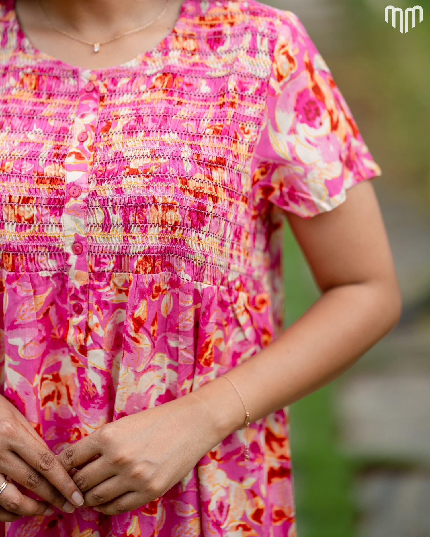 Rosy Premium Viscose Smocked Button-Up Nighty