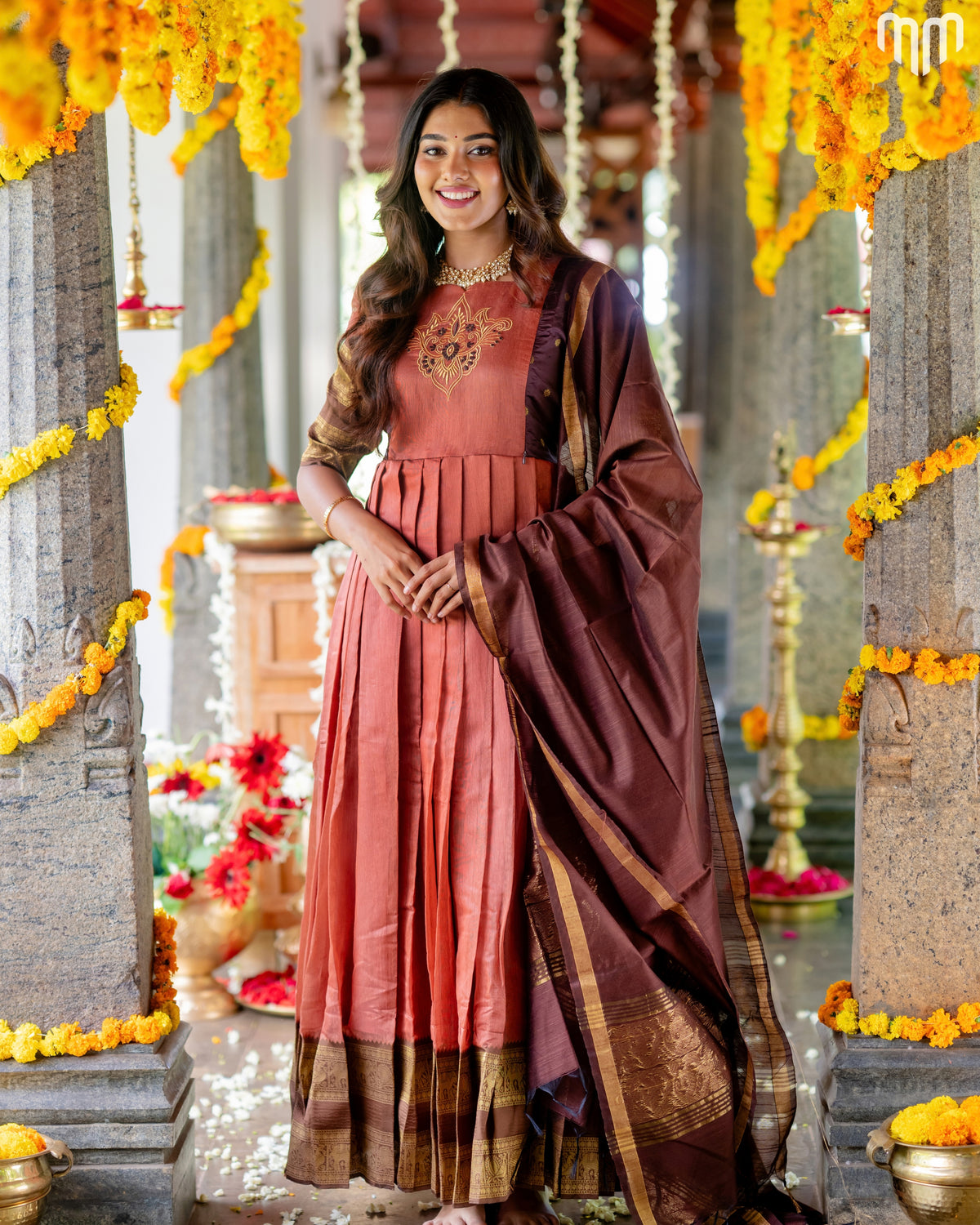 Rudragni Motif Embroidery Design Silk Maternity Maxi with Full Cotton Lining &amp; Dupatta