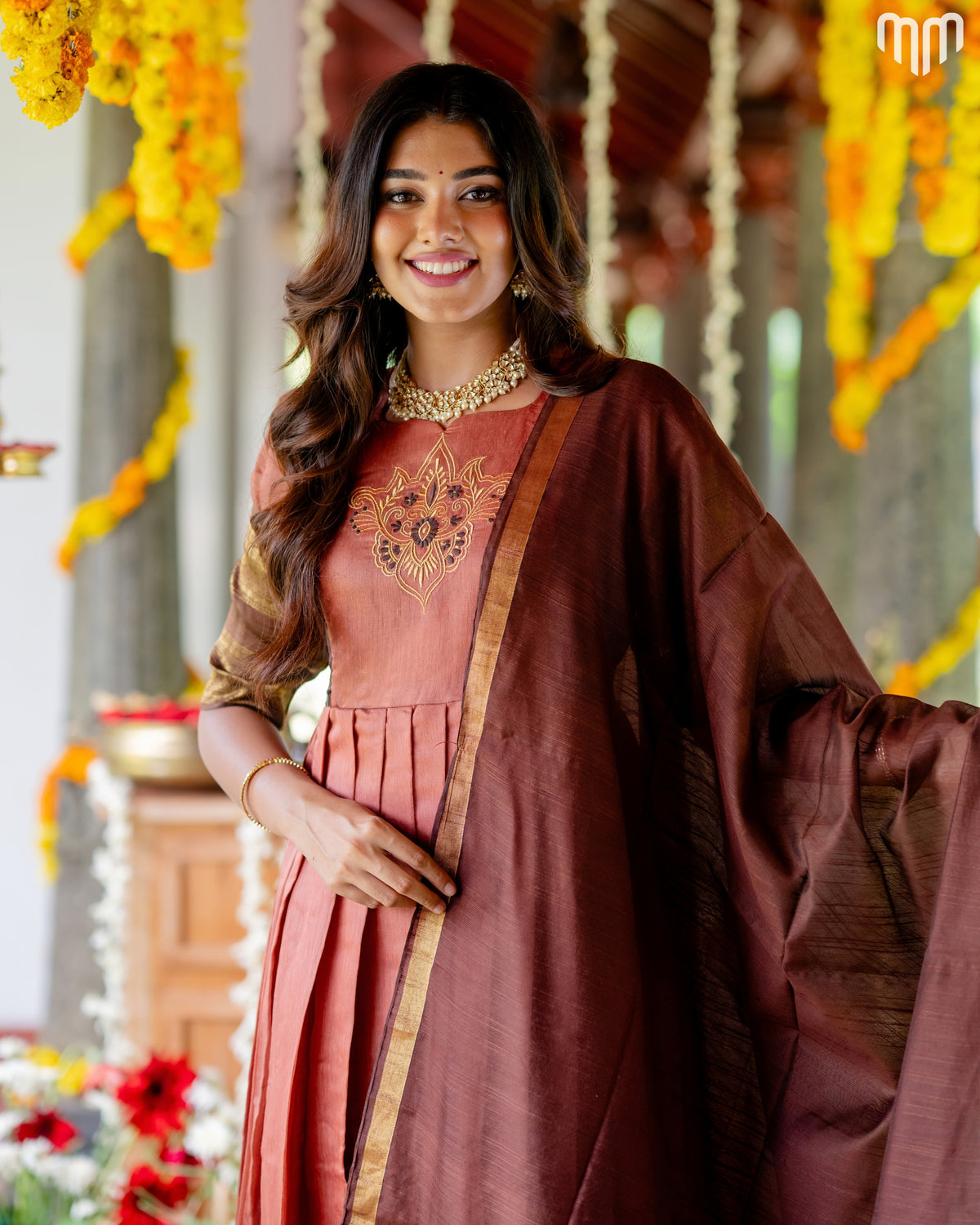 Rudragni Motif Embroidery Design Silk Maternity Maxi with Full Cotton Lining &amp; Dupatta