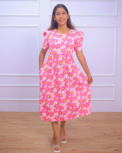 Blossom| Zipless Maternity Dress - Puff Sleeves | Calf Length
