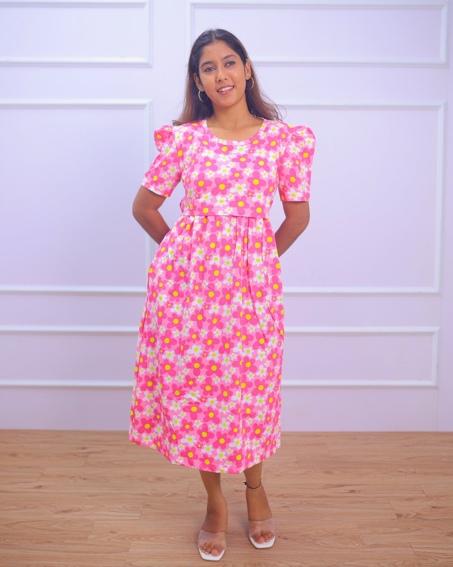 Blossom| Zipless Maternity Dress - Puff Sleeves | Calf Length