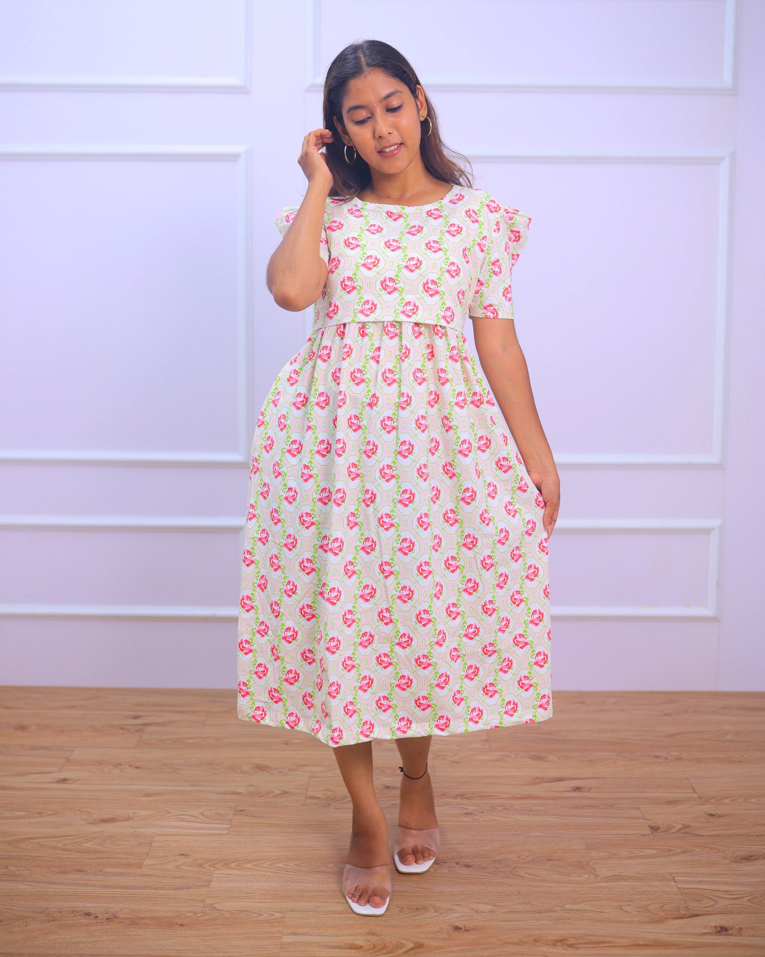 Lilly | Zipless Maternity Dress - Puff Sleeves | Calf Length