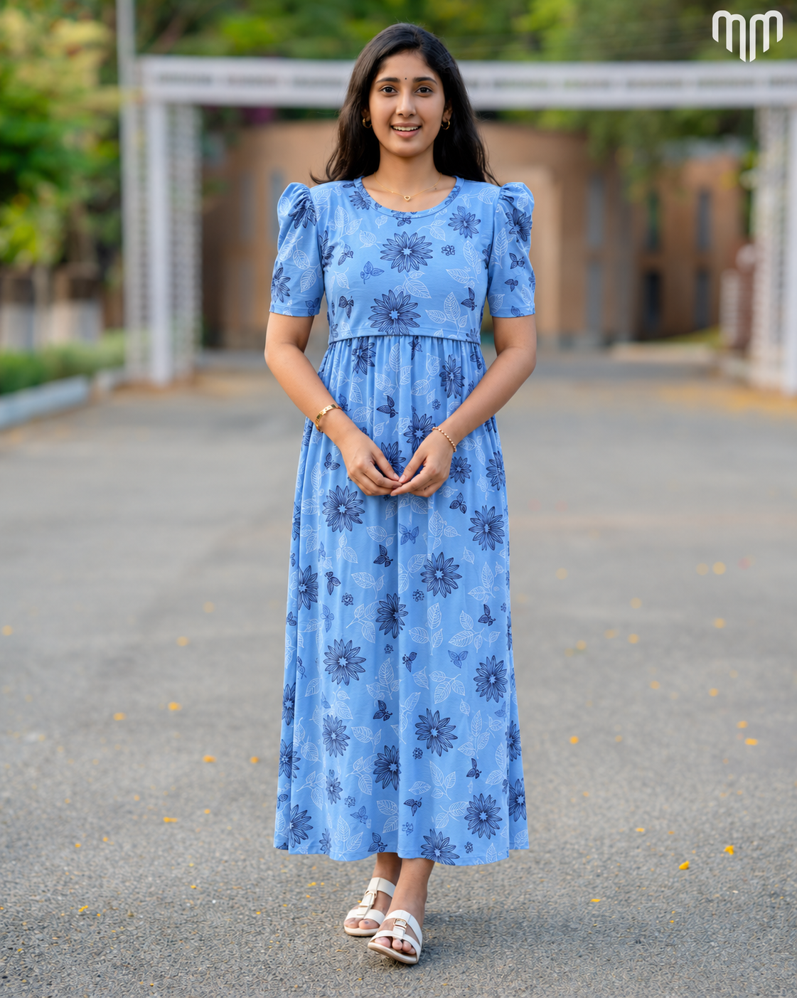 Sky Blue Butterfly Bloom Zipless Maternity Loungewear – Full Length
