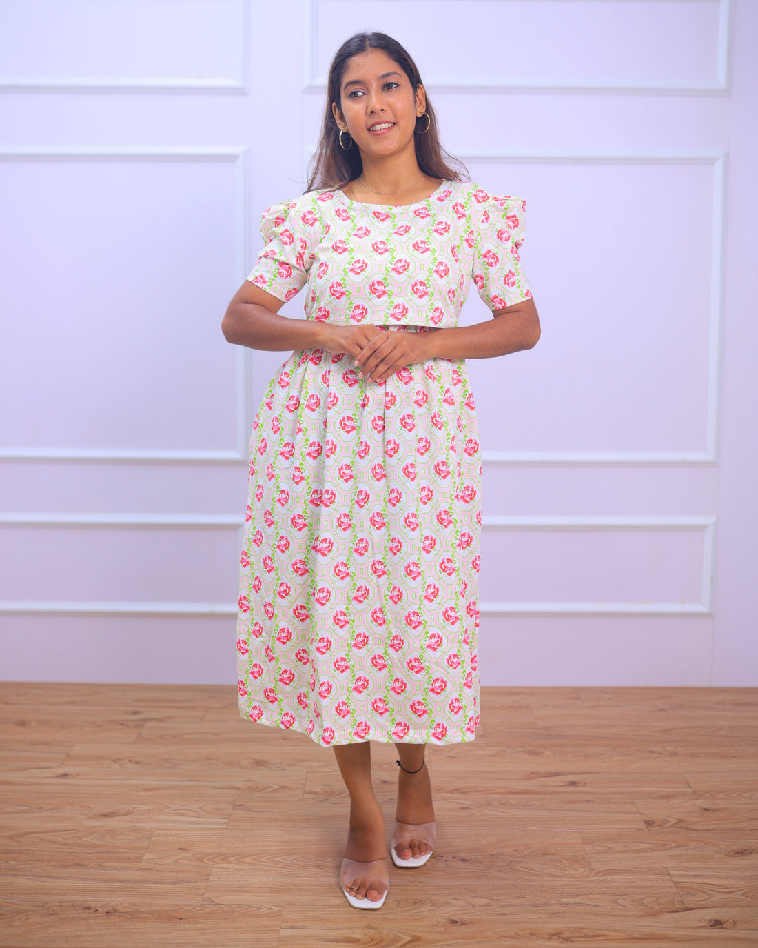 Lilly | Zipless Maternity Dress - Puff Sleeves | Calf Length