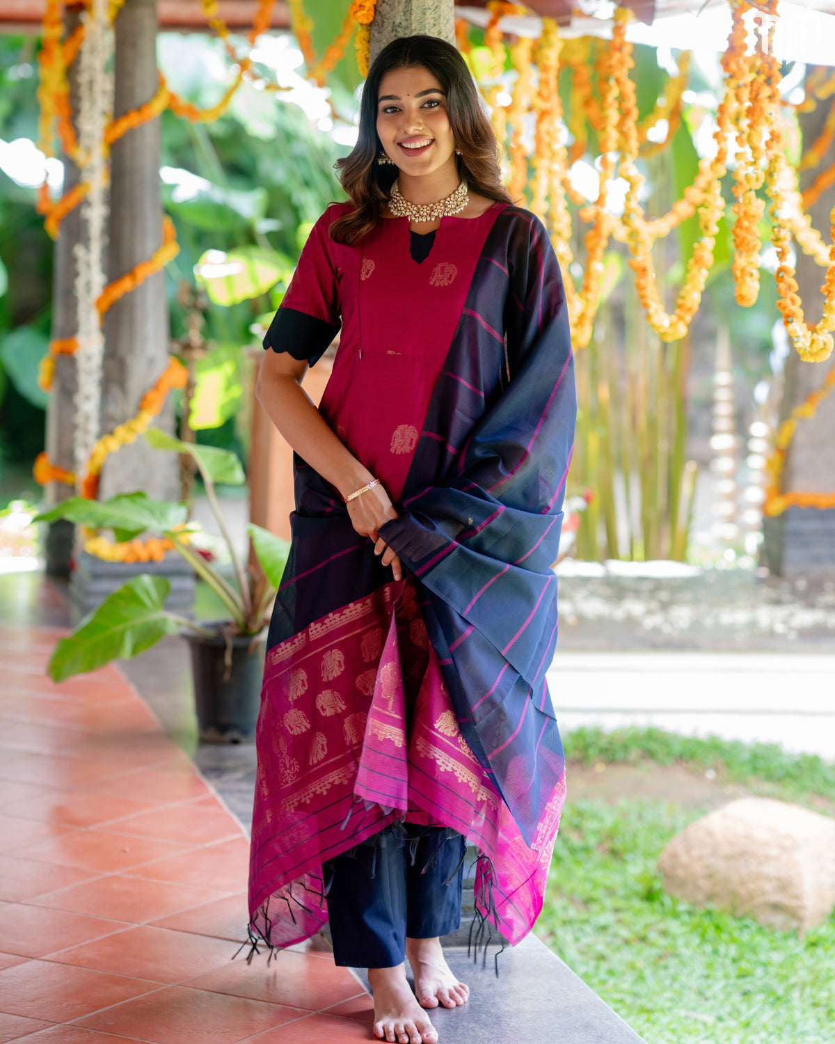 Vaaranam_Rose Gajam Butta Silk Maternity Kurti Set with top cotton lining
