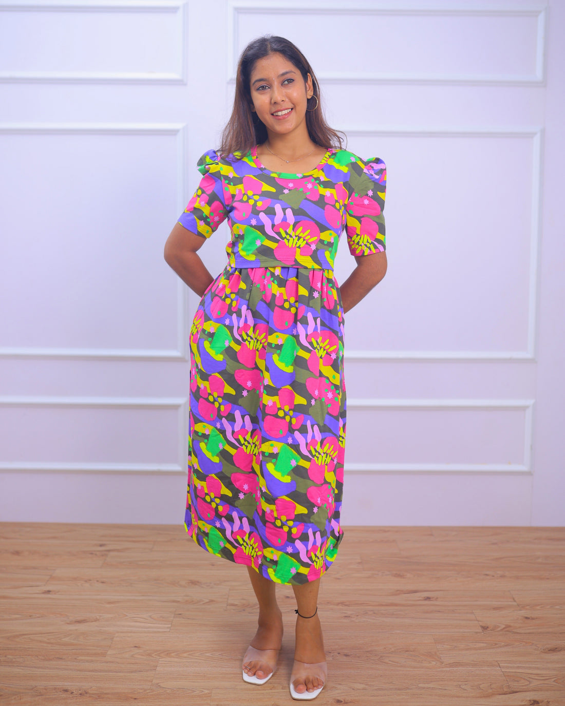 Camila | Zipless Maternity Dress - Puff Sleeves | Calf Length