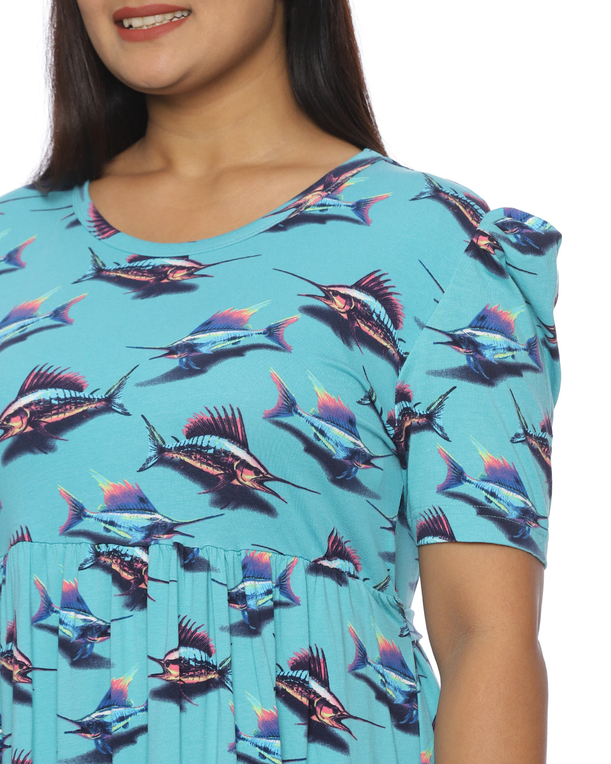 Fishy | Casual Non-Maternity Loungewear - Puff Sleeve | Calf Length