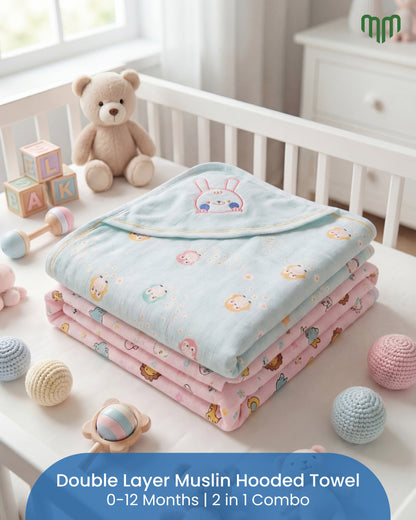 Double Layer Muslin Hooded Towels - Combo Pack of 2