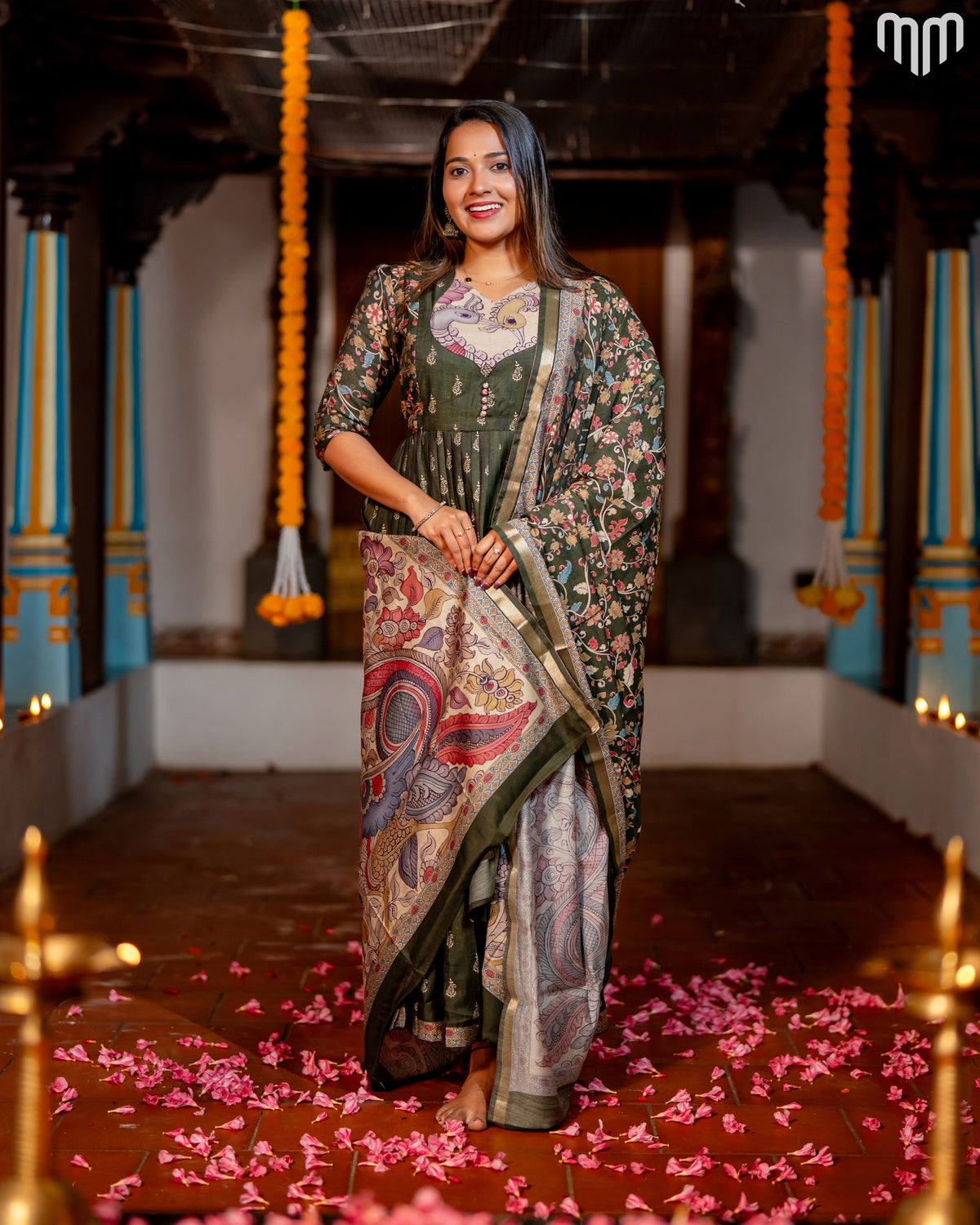 Maheswari Silk Green Maternity Maxi with Full Cotton Lining &amp; Dupatta