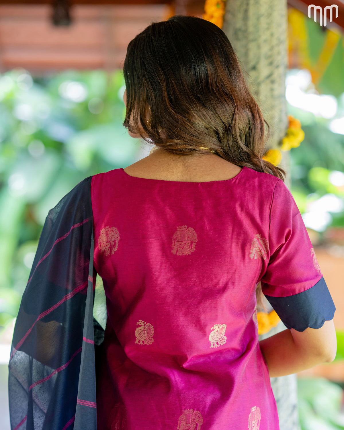 Vaaranam_Rose Gajam Butta Silk Maternity Kurti Set with top cotton lining